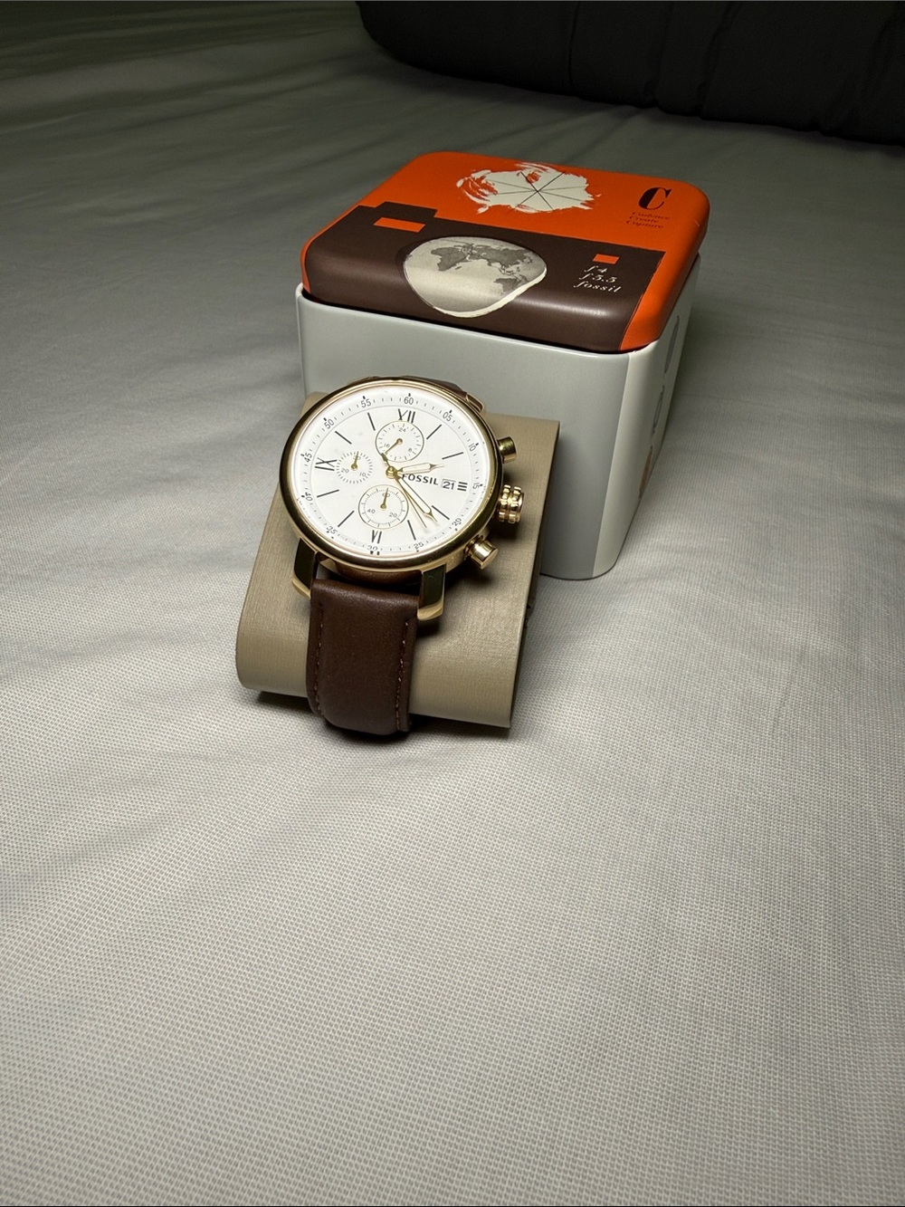 Fossil Gold-Tone Chronograph Watch with White Dial and Brown Strap